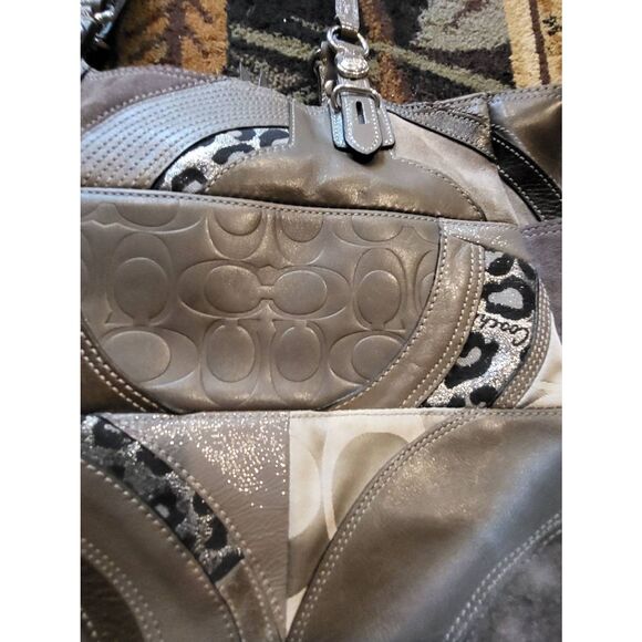 Coach Tote Bag Pewter Grey Large Ocelot Patchwork Mixed Media Leather Canvas - Picture 5 of 9